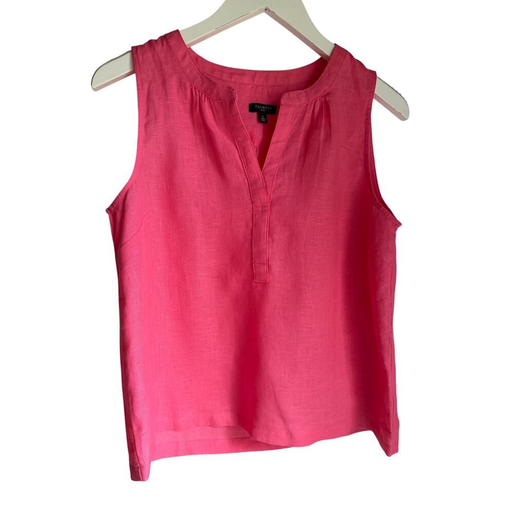 Talbots Petite 100% Linen Pink Sleeveless Split Neck Top Size SP
